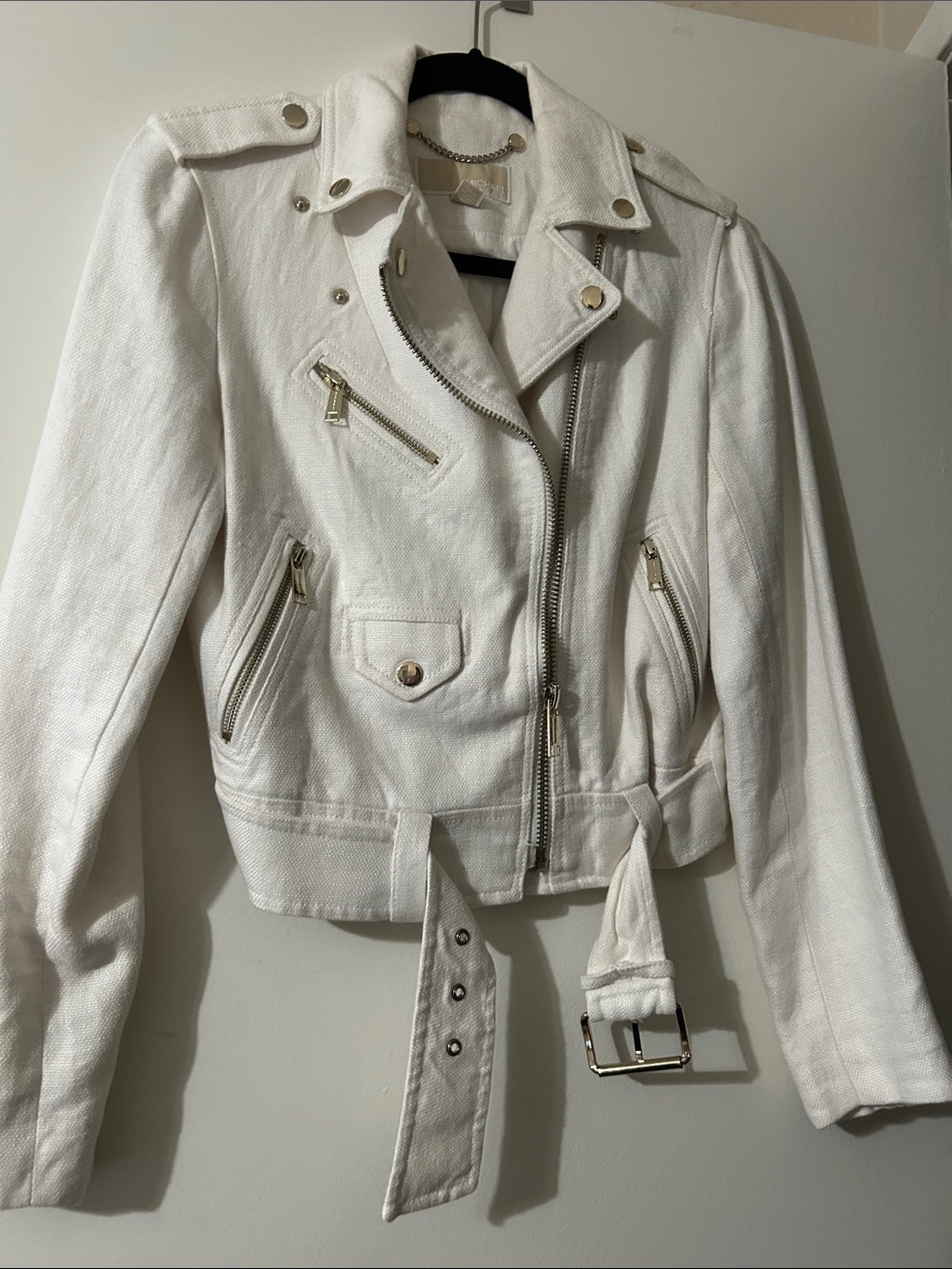 White Women's Biker Jacket with Belt